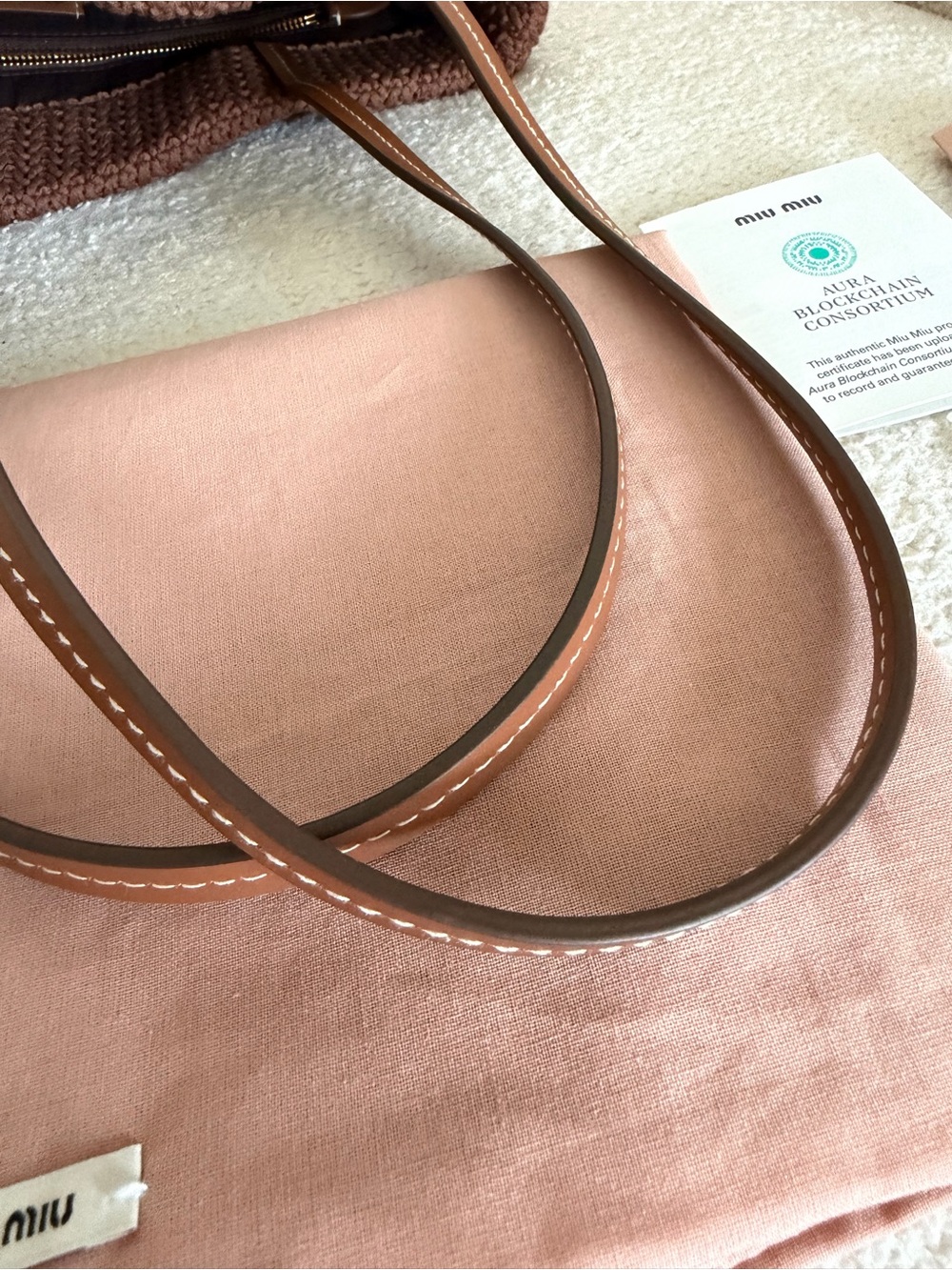 Miu Miu Crochet Knit Shopping Tote Bag Brown Pink Striped Large Raffia-effect - Picture 9 of 14